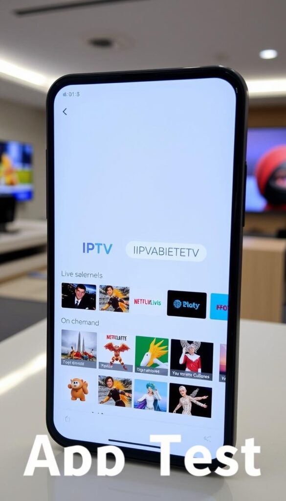 A sleek and modern IPTV app interface, meticulously designed with a minimalist aesthetic. The app's UI features a clean, uncluttered layout with intuitive navigation, showcasing a robust selection of live TV channels and on-demand content. The IPTVANBIETERTV logo is prominently displayed, conveying a sense of quality and reliability. The app is presented in a well-lit, professional setting, captured from a slightly elevated angle to emphasize its sophisticated appearance. The overall mood is one of technological sophistication and user-friendly functionality, perfectly suited to illustrate the "IPTV App Test" section of the article.