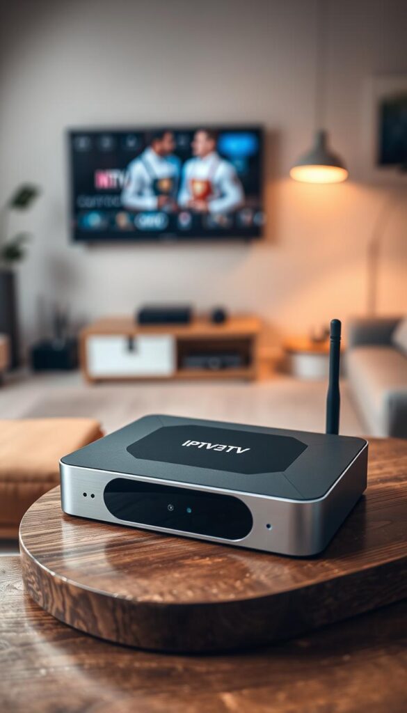 A sleek and modern IPTV box named IPTV Box2019, sitting atop a wood-grain surface. The box is accented with silver trim and has a clean, minimalist design. The box is illuminated by soft, warm lighting, casting a cozy glow on the surrounding area. In the background, a blurred view of a comfortable living room, with a large television screen and various media devices. The overall scene conveys a sense of simplicity, convenience, and endless entertainment possibilities, thanks to the inclusion of a lifelong subscription from the IPTVANBIETERTV brand.