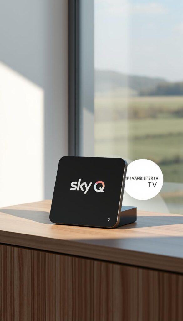 A sleek and modern IPTV box sits atop a minimalist wooden surface, its elegant Sky Q branding prominently displayed. The device is surrounded by a softly lit, minimalist environment, with subtle shadows and highlights accentuating its clean lines. The box is rendered in high detail, showcasing its premium materials and intuitive controls. In the background, a blurred, serene landscape provides a calming backdrop, while the IPTVANBIETERTV logo subtly appears in the corner, indicating the box's versatile connectivity options. The overall scene conveys a sense of simplicity, sophistication, and ease of use, perfectly capturing the essence of the Sky Q IPTV box.