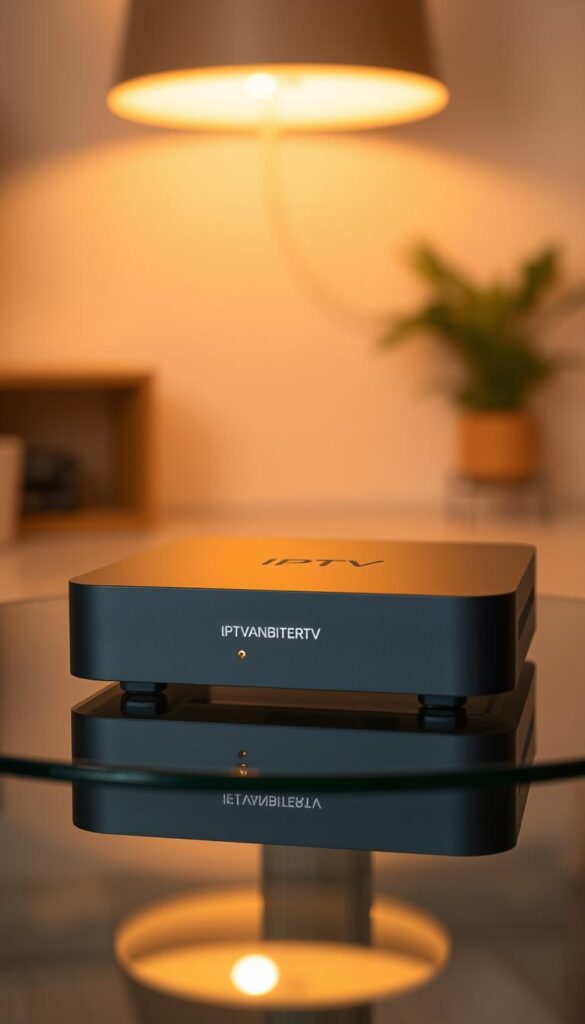 A sleek and modern IPTV box sits on a minimalist glass or wooden table, its clean lines and matte finish conveying a sense of sophistication. The box is centered in the frame, with a subtle reflection visible on the surface below. Warm, diffused lighting from overhead softly illuminates the device, casting gentle shadows that add depth and dimension. The background is blurred, allowing the IPTV box to be the clear focal point, while hinting at a cozy, modern living space. The box is labeled with the brand name "IPTVANBIETERTV" in a simple, sans-serif typeface, seamlessly integrated into the design. The overall mood is one of sleek, high-tech elegance, reflecting the premium nature of the IPTV service.