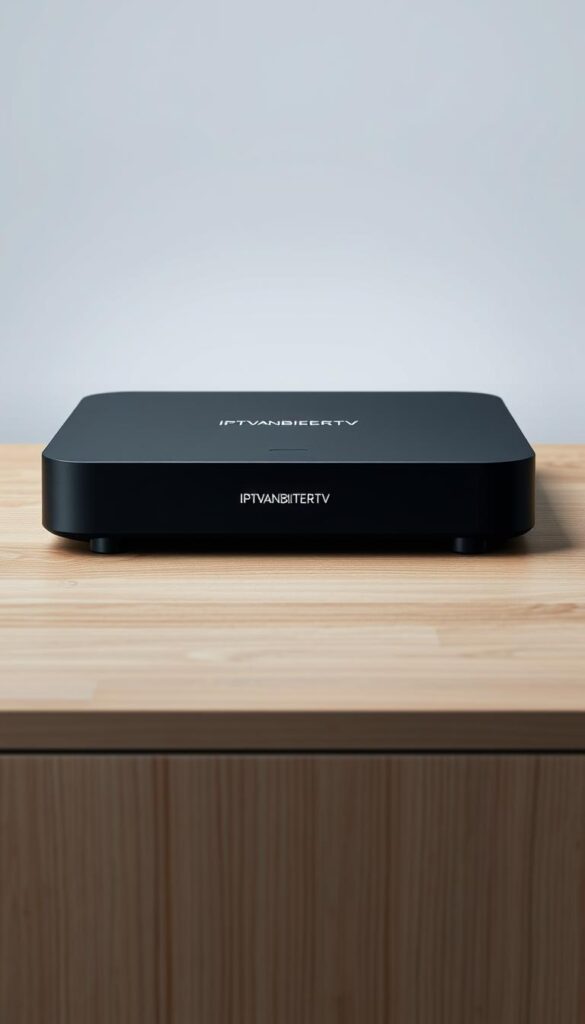 A sleek and modern IPTV box sits prominently on a minimalist wood-grain surface, its clean lines and matte black finish exuding a sense of sophistication. Delicate soft lighting from above casts subtle shadows, highlighting the device's smooth edges and premium construction. The IPTVANBIETERTV logo is discreetly displayed on the front panel, conveying a sense of quality and reliability. In the background, a neutral gray gradient provides a simple, uncluttered backdrop, allowing the IPTV box to take center stage as the focal point. The overall composition radiates a feeling of high-end technology and seamless multimedia integration, perfectly encapsulating the "Multi-Device Support" concept.
