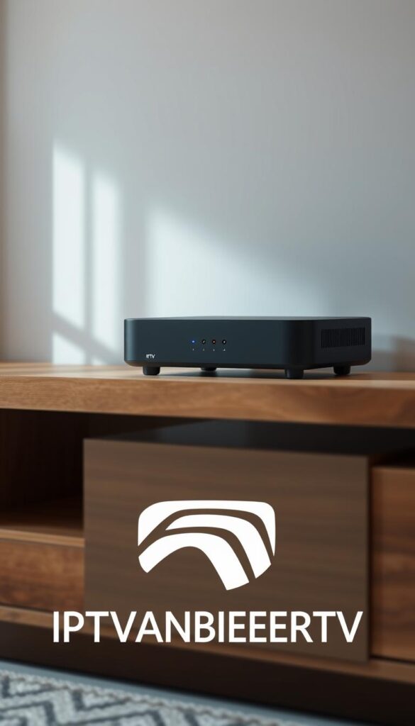 A sleek and modern IPTV device, designed with a minimalist aesthetic. The device features a clean, matte black finish, complemented by subtle LED indicators. Soft, indirect lighting illuminates the device, creating a warm and inviting atmosphere. The device is positioned on a modern, wooden entertainment center, blending seamlessly with the surrounding decor. In the foreground, the IPTVANBIETERTV logo is prominently displayed, showcasing the brand's identity. The overall composition conveys the advanced capabilities and premium quality of the IPTV device, highlighting its advantages over traditional TV services.