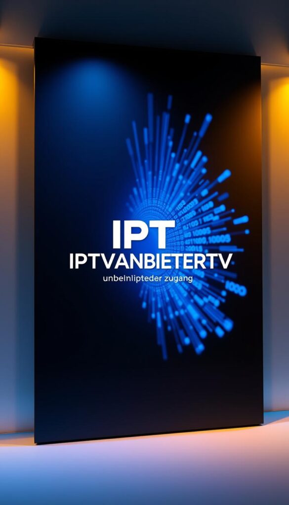 A sleek and modern IPTV panel with the IPTVANBIETERTV brand prominently displayed in the center. The panel features a clean, minimalist design with a dark, high-tech aesthetic. The background showcases a dynamic, 3D-rendered visualization of xtream codes, symbolizing the "unbegrenzter zugang" (unlimited access) to a vast array of IPTV content. The lighting is a mix of cool, blue tones and warm, yellow accents, creating a sophisticated and professional atmosphere. The composition is balanced, with the IPTVANBIETERTV logo commanding attention while the xtream codes visualization provides a visually striking and informative context.