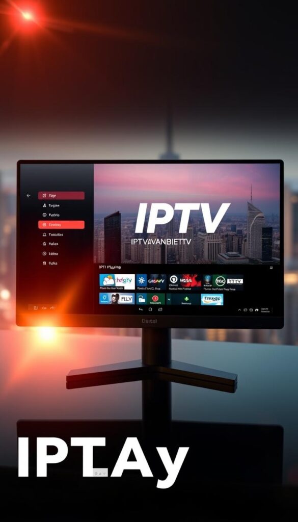A sleek and modern IPTV player interface displayed on a high-resolution Windows desktop, showcasing the IPTVANBIETERTV brand prominently. The player features a clean, minimalist design with intuitive controls and a user-friendly layout, optimized for a seamless streaming experience. The background is a softly blurred cityscape, hinting at the global reach and connectivity of the IPTV service. Warm, natural lighting creates a welcoming atmosphere, while subtle lens flare effects add a touch of professionalism. The overall composition conveys a sense of technological sophistication and user-centric design, perfectly suited for an article highlighting the best IPTV players for an optimal streaming experience.