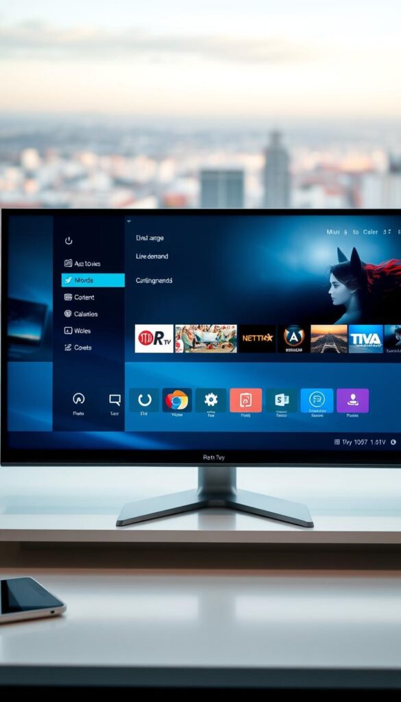 A sleek and modern IPTV player interface for Windows, showcasing the IPTVANBIETERTV brand. The player is displayed on a clean, minimalist desktop, with a well-organized menu system and intuitive controls. The background features a blurred cityscape, hinting at the wide range of live and on-demand content available. Soft, directional lighting illuminates the player, creating a professional and sophisticated atmosphere. The overall composition emphasizes the player's user-friendly design and the broad content library it provides, catering to the needs of discerning IPTV users in Germany.