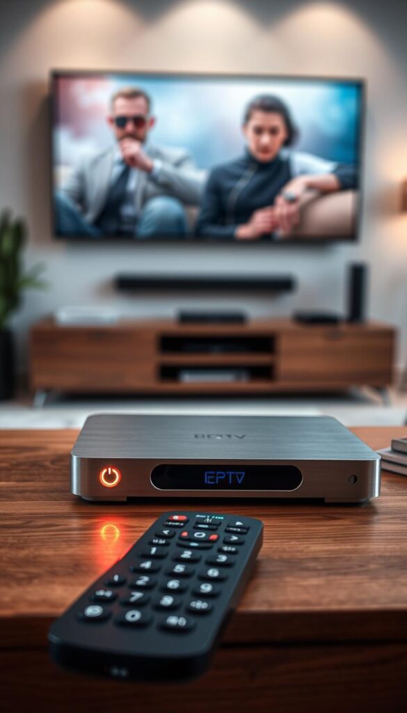 A sleek and modern IPTV receiver, crafted with a minimalist design and a brushed aluminum finish. The device sits atop a wooden media console, casting a warm glow from its softly illuminated power button. In the foreground, a remote control with intuitive controls allows for seamless navigation through the IPTVANBIETERTV interface, showcasing a crisp, high-definition display. The background features a cozy living room setting, with a large flatscreen TV mounted on the wall, casting a cinematic ambiance across the scene. The lighting is soft and diffused, creating a sense of comfort and relaxation, perfect for enjoying ultra-HD entertainment on-the-go or in the comfort of one's own home.