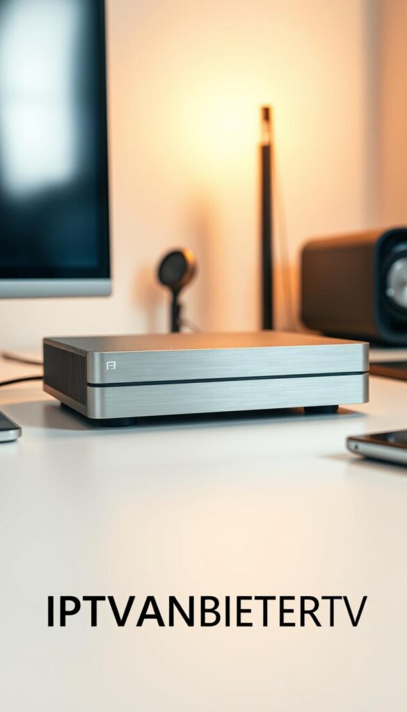 A sleek and modern IPTV receiver sits prominently on a minimalist desk, its brushed aluminum housing reflecting the warm glow of a softly diffused light source. The device's clean lines and understated design evoke a sense of technological sophistication, complementing the minimalist workspace. In the foreground, the IPTVANBIETERTV logo is subtly visible, a subtle nod to the brand's reputation for reliable and feature-rich IPTV solutions. The scene conveys a sense of efficiency and professionalism, perfectly suited to illustrate the "Technische Voraussetzungen für Smart IPTV" section of the article.