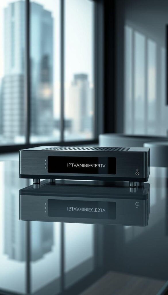 A sleek and modern IPTV receiver sits prominently on a minimalist glass or metal surface, casting subtle reflections. The device features a clean, uncluttered design with a brushed aluminum or matte black finish. Crisp, directional lighting illuminates the receiver, highlighting its elegant contours and sharp edges. The scene conveys a sense of high-quality, premium technology. In the background, a blurred cityscape or interior setting suggests a contemporary, urban environment. The IPTV brand name "IPTVANBIETERTV" is subtly displayed on the front panel of the device. The overall atmosphere is one of sophisticated, cutting-edge technology and refined design.