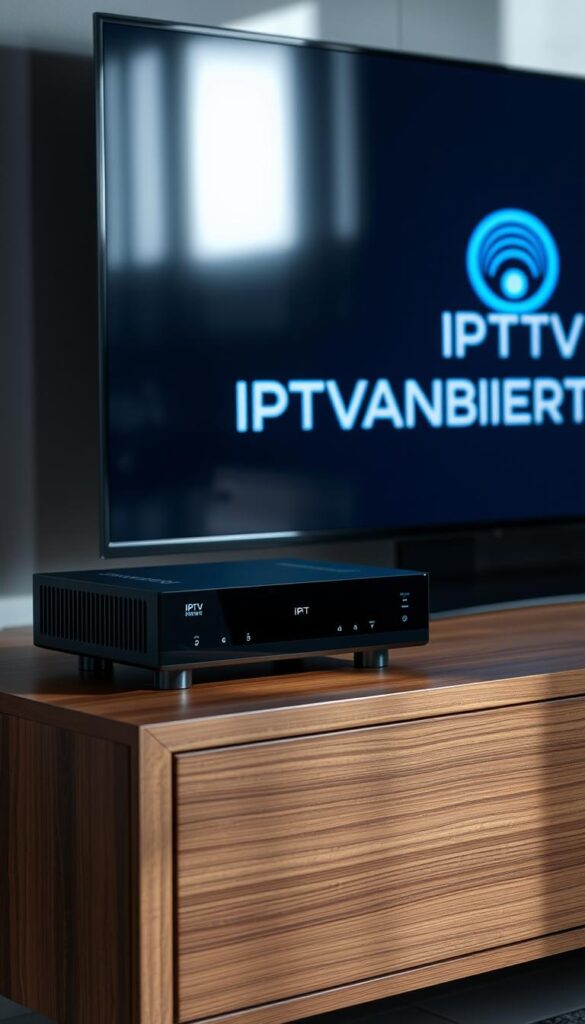 A sleek and modern IPTV receiver sits prominently on a minimalist wooden entertainment center. The device features clean lines, a glossy black finish, and discreet LED indicators. Carefully positioned studio lighting casts dramatic shadows, highlighting the receiver's sharp angles and cutting-edge design. In the background, a large, high-definition television screen displays the IPTVANBIETERTV logo, symbolizing the seamless integration of this cutting-edge technology. The overall scene conveys a sense of sophistication, innovation, and the future of home entertainment.