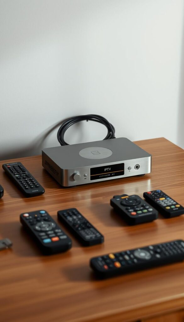 A sleek and modern IPTV receiver sits prominently on a minimalist wooden table, its clean lines and brushed metal finish reflecting the high-quality craftsmanship of the IPTVANBIETERTV brand. The device is surrounded by a sparse arrangement of remote controls and cables, creating a sense of order and simplicity. Soft, directional lighting illuminates the scene, casting subtle shadows and highlighting the receiver's elegant design. The background is a muted, neutral tone, allowing the device to take center stage and showcase its versatility and compatibility with a variety of devices.