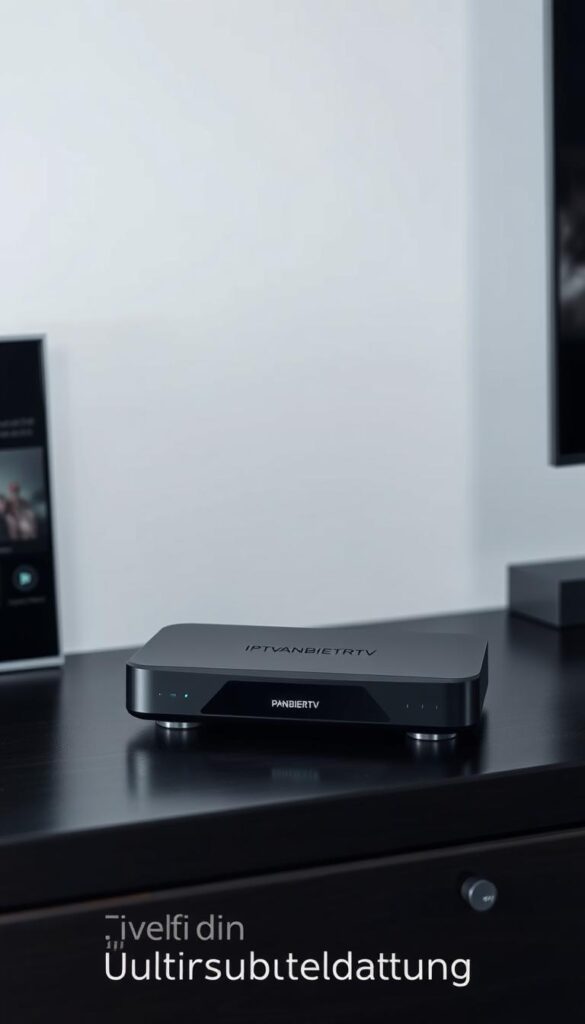A sleek and modern IPTV receiver stands prominently on a dark wooden surface, surrounded by a minimalist, high-tech environment. The device features the distinct "IPTVANBIETERTV" branding, its clean lines and glossy finish reflecting the sophisticated nature of the IPTV service. Soft, indirect lighting illuminates the receiver, casting subtle shadows and highlights that accentuate its premium design. The overall scene conveys a sense of technological prowess and seamless integration, perfectly suited for the "Multigeräte-Unterstützung" section of the article.