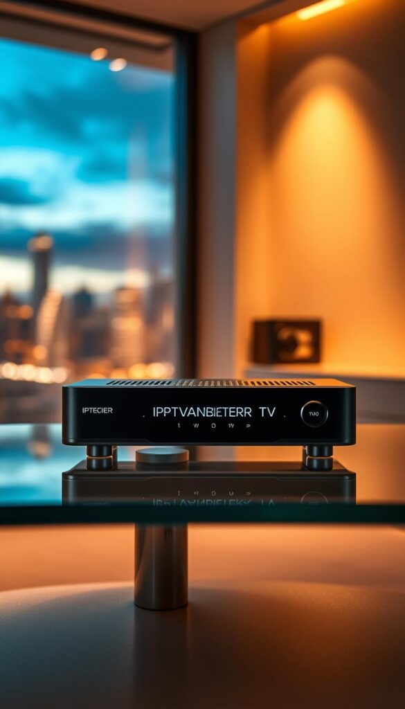 A sleek and modern IPTV receiver with a captivating cinematic display, showcasing the IPTVANBIETERTV brand. The device sits prominently on a minimalist glass or metal table, illuminated by warm, directional lighting that casts subtle shadows, creating depth and drama. The receiver's smooth, streamlined design and premium materials evoke a sense of quality and exclusivity. In the background, a blurred cityscape or natural landscape provides a sophisticated, cosmopolitan ambiance, hinting at the global reach and high-end service of IPTVANBIETERTV. The overall composition conveys a sense of reliable, long-term entertainment solutions for the discerning viewer.