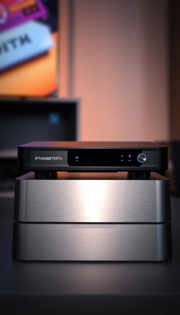 A sleek and modern IPTV receiver with the brand name "IPTVANBIETERTV" prominently displayed. The device has a minimalist, rectangular design with a brushed aluminum or matte black finish. The front panel features a simple and intuitive control interface, with just a few buttons and LED indicators. The device sits atop a sturdy, low-profile base, giving it a stable and professional appearance. The lighting is subtle yet effective, casting a warm, ambient glow that enhances the product's premium aesthetic. The camera angle showcases the receiver from a slightly elevated perspective, allowing the viewer to appreciate its elegant form and attention to detail.
