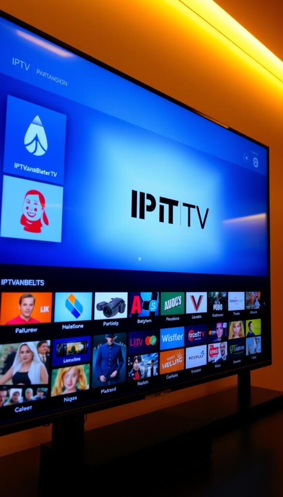 A sleek and modern IPTV service interface, showcasing a comprehensive TV program guide with clear channel icons and a clean, intuitive layout. The IPTVANBIETERTV logo prominently displayed, conveying the brand's authority and leadership in the German IPTV market. The interface is displayed on a high-resolution display, with a warm, sophisticated lighting setup that creates a premium, professional atmosphere. The overall scene evokes a sense of technological advancement and user-friendly digital entertainment.