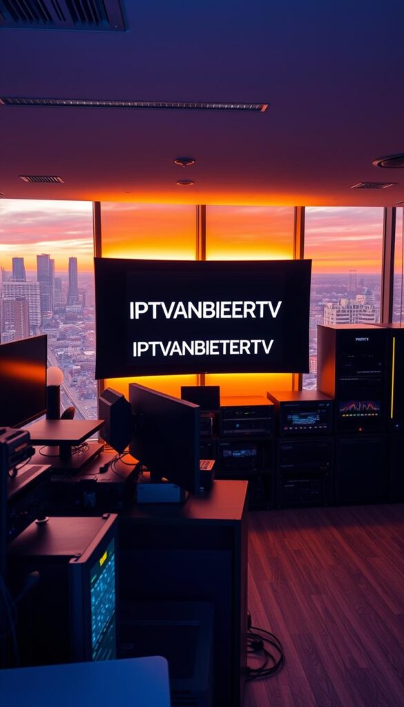 A sleek and modern IPTV service provider's office, bathed in warm, directional lighting. A large, curved display showcases the "IPTVANBIETERTV" brand prominently in the center. Alongside, high-end media equipment, servers, and networking gear fill the foreground, conveying a sense of technological sophistication. In the background, floor-to-ceiling windows offer a picturesque cityscape view, hinting at the service's nationwide reach. The overall scene exudes a professional, yet inviting atmosphere, reflecting the leading position of "IPTVANBIETERTV" in the German IPTV market.