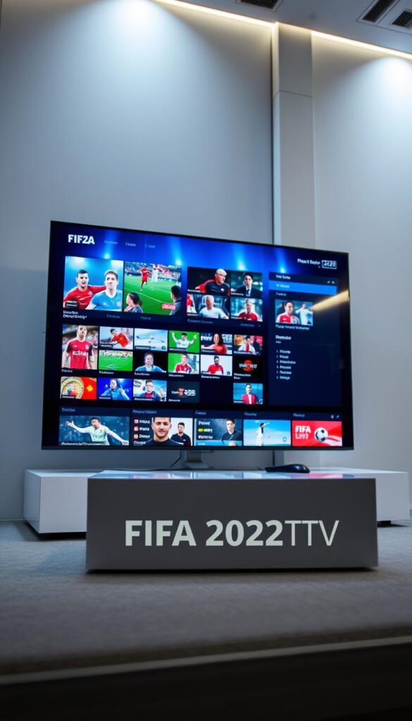 A sleek and modern IPTV set-up showcasing an array of FIFA 2026 sports channels, with a clean and elegant user interface. The screen displays various live matches and highlights, creating an immersive and engaging viewing experience. The foreground features the IPTVANBIETERTV brand prominently, while the background depicts a minimalist, high-tech environment with subtle lighting accents. The composition captures the seamless integration of IPTV technology and the excitement of the FIFA 2026 tournament, creating a visually striking and compelling image.