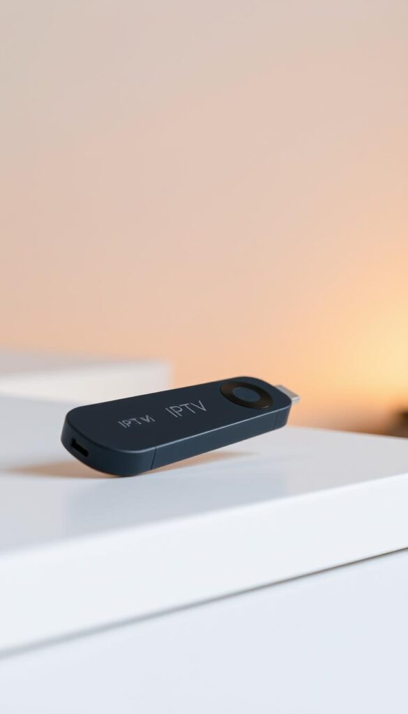 A sleek and modern IPTV stick, the IPTVANBIETERTV device, rests on a minimalist white surface. Soft, diffused lighting creates a warm, inviting atmosphere. The stick's elegant design, with smooth curves and a matte finish, hints at its advanced capabilities. In the background, a blurred, neutral backdrop allows the product to take center stage. The image conveys the convenience and versatility of the IPTV stick, making it an appealing choice for those seeking a seamless streaming experience.