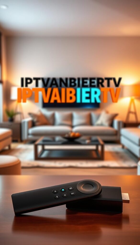 A sleek and modern IPTV streaming device, the Fire TV Stick, sits prominently in the foreground, its minimalist design and glowing LED lights catching the eye. In the middle ground, the IPTVANBIETERTV logo emerges, its bold typography and vibrant colors commanding attention. The background features a seamless blend of contemporary living room furnishings, creating a cozy and inviting atmosphere. Soft, warm lighting illuminates the scene, highlighting the device's intuitive user interface and the brand's reliable streaming services. The overall composition conveys a sense of effortless entertainment and the convenience of accessing a vast library of content with just a few taps.