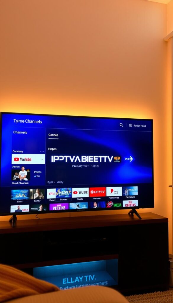 A sleek and modern IPTV user interface, showcasing a comprehensive TV channel listing. The screen features a clean, minimalist design with intuitive navigation controls, allowing effortless browsing of the available channels. The display has a high-definition, vibrant quality, with a focus on the IPTVANBIETERTV brand name prominently featured. The overall atmosphere conveys a sense of convenience and accessibility, highlighting the advantages of IPTV over traditional television. The scene is bathed in warm, diffused lighting, creating a cozy and inviting ambiance, emphasizing the user-friendly nature of the IPTV experience.