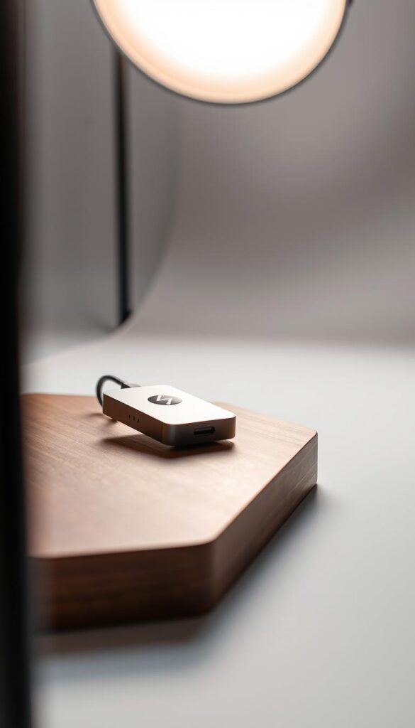 A sleek and modern IPTVANBIETERTV IPTV stick resting on a minimalist wooden table, illuminated by soft, diffused lighting from the side. The stick's metallic body reflects the warm glow, creating an inviting and premium feel. The background is a clean, white studio setup, allowing the product to be the focal point. The camera angle is slightly elevated, providing a sophisticated and professional perspective. The overall mood is one of simplicity, quality, and attention to detail, conveying the reliable and high-performance nature of the IPTV stick.