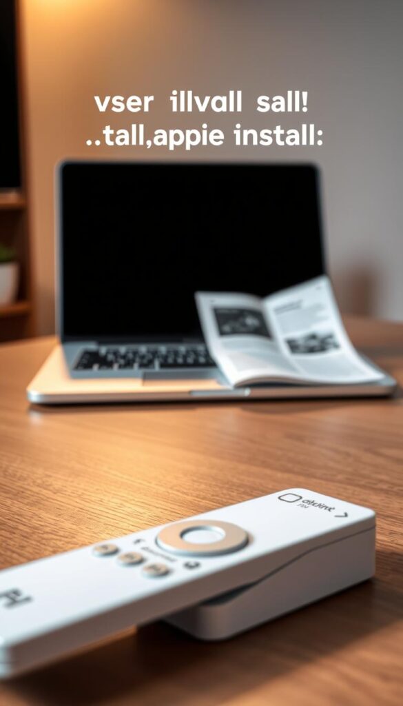 A sleek and modern IPTVANBIETERTV IPTV stick resting on a minimalist wooden table, its clean lines and compact design suggesting effortless installation. The stick is backlit by a warm, diffused light, casting a soft glow and creating a sense of simplicity and ease. In the foreground, a clean, white remote control hints at the intuitive user experience. The mid-ground features a laptop or tablet, open to an instructional guide, indicating the straightforward setup process. The background is blurred, keeping the focus on the IPTV stick and its seamless integration into the user's workspace.