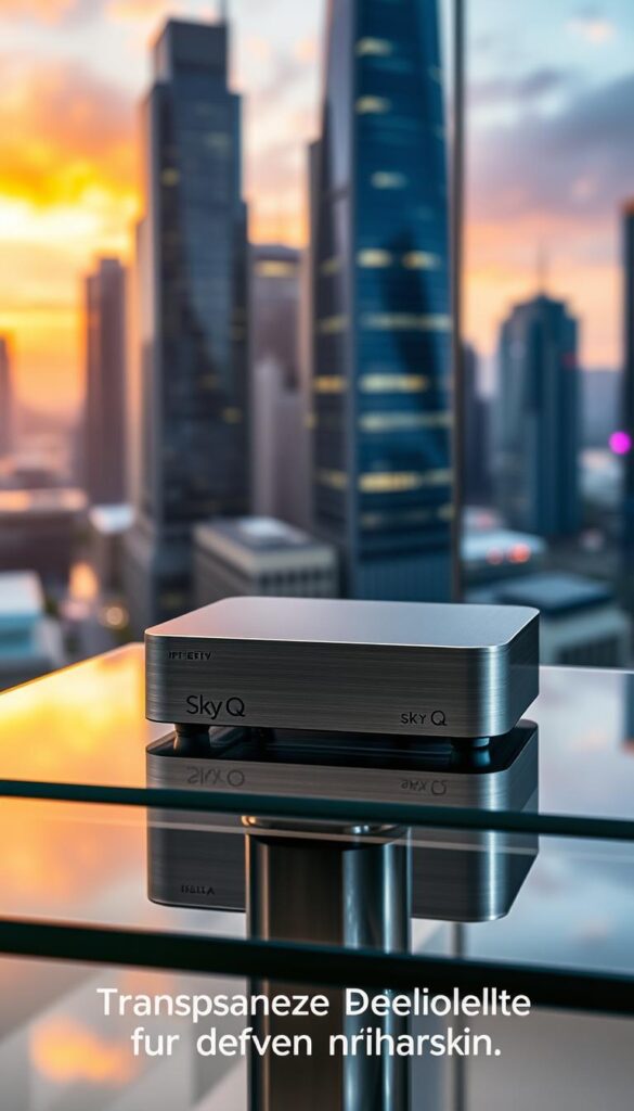A sleek and modern IPTVANBIETERTV Sky Q IPTV box sits atop a glass display table, its elegant design and minimalist lines capturing the attention. The box's brushed aluminum chassis reflects the soft, diffused lighting of the scene, creating a sense of sophistication and high-quality craftsmanship. In the background, a blurred cityscape with towering skyscrapers and a vibrant sky set the stage, hinting at the box's powerful connectivity and the wide range of entertainment options it offers. The overall composition conveys a sense of technological advancement, accessibility, and the versatility of the IPTVANBIETERTV Sky Q IPTV box, perfectly aligning with the section title "Transparente Preismodelle für jeden Bedarf".