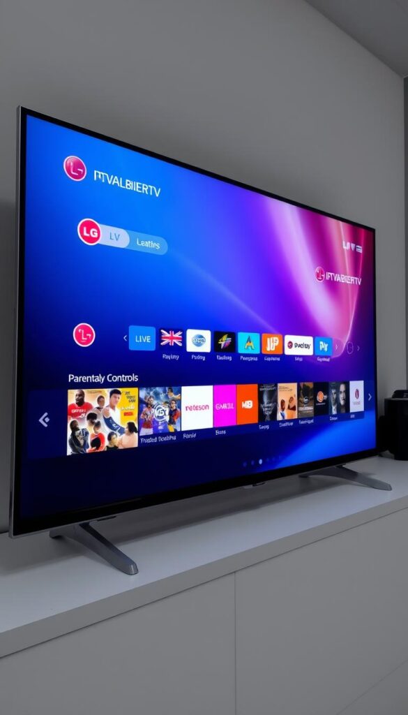 A sleek and modern IPTVANBIETERTV app interface displayed on a high-resolution LG television screen. The app features a clean, minimalist design with easy-to-navigate menus and intuitive controls. The screen displays a wide range of live TV channels, on-demand content, and advanced features like parental controls and user profiles. The lighting is bright and natural, emphasizing the clarity and vibrancy of the display. The camera angle provides a full view of the television, capturing the seamless integration of the IPTVANBIETERTV app within the LG's user experience.