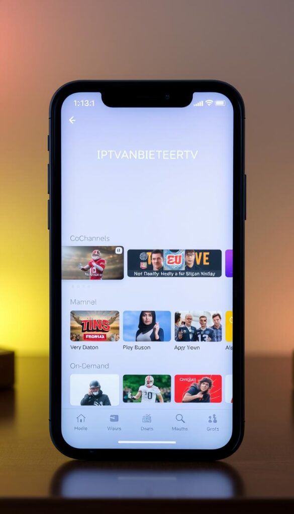 A sleek and modern IPTVANBIETERTV app interface fills the frame, showcasing a clean and intuitive design. The app's UI features a minimalist layout with large, high-definition thumbnails of various TV channels and on-demand content. The background is a soft, gradient-based color palette, creating a calming and inviting atmosphere. Subtle lighting from the sides highlights the app's crisp visuals, while a shallow depth of field puts the focus on the central interface. The overall impression is one of a premium, user-friendly IPTV experience that delivers exceptional value and entertainment.
