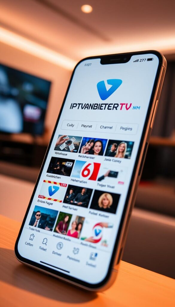 A sleek and modern IPTVANBIETERTV app interface, showcasing a clean design with a minimalist aesthetic. The app's logo is prominently displayed, with a subtle yet eye-catching animation. The home screen features a grid of high-quality channel thumbnails, each with a clear and legible channel name. The app's interface is intuitive and user-friendly, with easy-to-navigate menus and options. The overall atmosphere is one of sophistication and professionalism, conveying the app's reliability and trustworthiness for German users. The scene is illuminated by warm, diffused lighting, creating a welcoming and inviting ambiance.