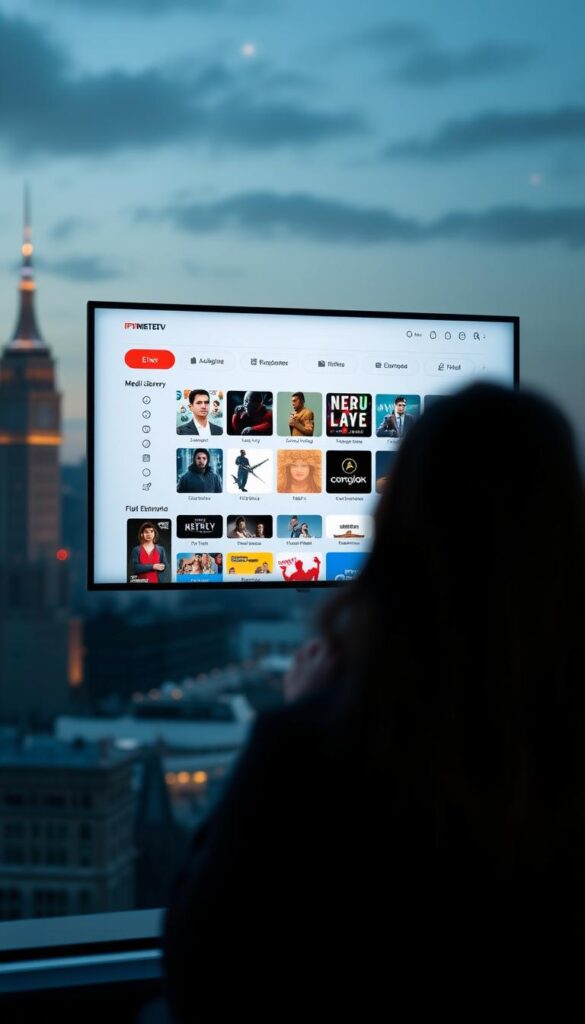 A sleek and modern IPTVANBIETERTV application window takes center stage, its intuitive interface showcasing a comprehensive media library. Subtle lighting accentuates the clean lines and minimalist design, creating a professional and trustworthy atmosphere. In the foreground, a user interacts with the application, navigating through the various content categories with ease. The background features a blurred city skyline, hinting at the global connectivity and accessibility of the IPTVANBIETERTV platform. The overall scene conveys a sense of power, reliability, and user-friendliness, perfectly aligning with the "Hauptfunktionen von IPTVanbieterTV" section of the article.