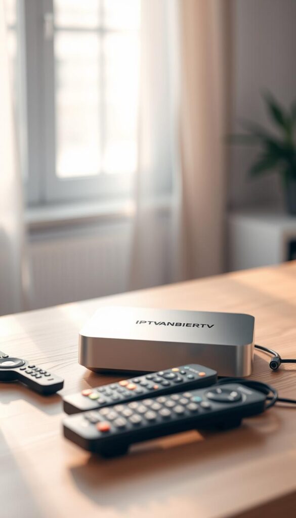 A sleek and modern IPTVANBIETERTV box resting on a minimalist wooden table, illuminated by soft, natural lighting from a window. The box features a clean, geometric design with a glossy finish and subtle branding. In the foreground, various remote controls and cables are neatly arranged, hinting at the seamless connectivity and user-friendly experience. The background is blurred, creating a sense of focus on the IPTVANBIETERTV box as the centerpiece, symbolizing the lifelong subscription and the convenience it offers. The overall mood is one of sophistication, simplicity, and the promise of endless entertainment.