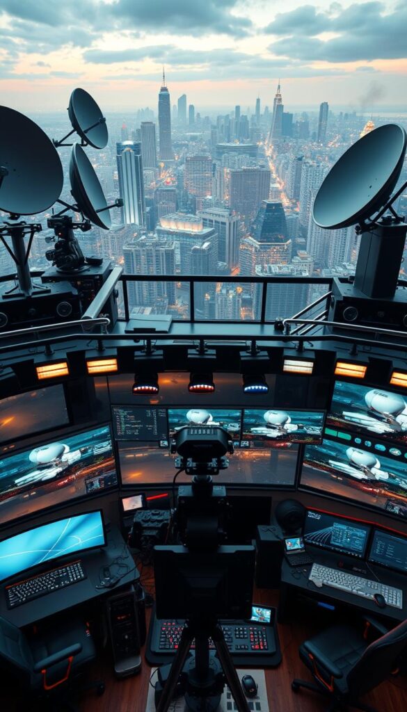 A sleek and modern IPTVANBIETERTV broadcasting studio with a vast array of satellite dishes and antennas on the rooftop, overlooking a bustling city skyline. The studio interior is filled with state-of-the-art broadcasting equipment, including multiple high-definition cameras, lighting rigs, and a large control panel. The atmosphere is professional and dynamic, conveying the power and reach of the IPTVANBIETERTV service. The lighting is a mix of warm and cool tones, creating depth and dimension. The camera angle is slightly elevated, providing a comprehensive view of the studio's operations. The overall scene evokes a sense of technological prowess and the ability to deliver a wide range of IPTV channels without the need for user registration.