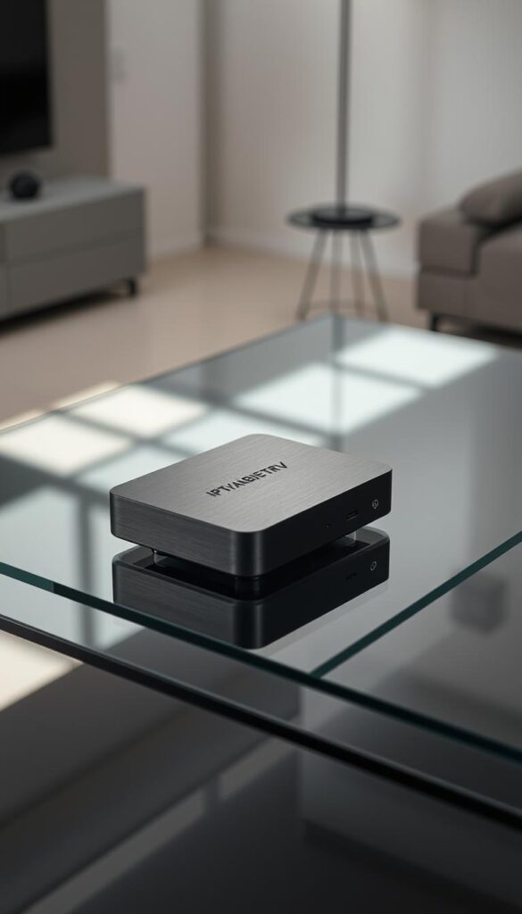 A sleek and modern IPTVANBIETERTV device rests on a minimalist glass or metal surface, casting subtle shadows. The device's clean, rectangular design features a brushed aluminum or matte black finish, complementing the neutral-toned environment. The scene is illuminated by soft, diffused lighting, creating a sense of sophistication and attention to detail. The IPTVANBIETERTV device is prominently displayed, conveying its versatility and integration across various media platforms. The background may include subtle hints of a living room or home entertainment setup, emphasizing the device's seamless integration into the user's digital lifestyle.