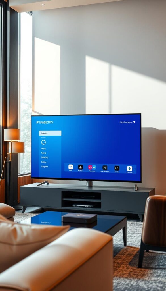 A sleek and modern IPTVANBIETERTV interface displayed on a high-definition television screen, showcasing a clean and intuitive design with minimalist icons and a sophisticated color palette of blues and grays. The screen is positioned in a stylish living room setting, with warm lighting from floor lamps and natural sunlight filtering through large windows, creating a cozy and inviting atmosphere. The television is surrounded by modern, minimalist furniture, and the overall scene conveys a sense of simplicity, affordability, and user-friendliness.