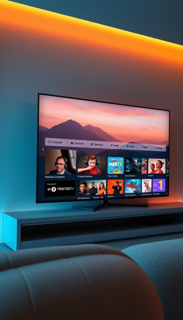 A sleek and modern IPTVANBIETERTV interface, showcasing its comprehensive suite of features. Crisp, high-definition visuals of live TV channels, on-demand content, and a seamless, intuitive navigation system. The interface is bathed in a warm, inviting glow, with clean lines and a minimalist aesthetic. In the foreground, various icons and controls highlight key functionality, such as channel selection, playback controls, and customizable settings. The middle ground features a curated selection of popular content, while the background depicts a serene, cinematic landscape, hinting at the boundless entertainment possibilities. Subtle ambient lighting and a polished, premium finish convey the app's quality and sophistication.