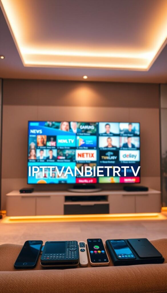 A sleek and modern IPTVANBIETERTV logo stands prominently in the foreground, rendered in a clean sans-serif font with a subtle gradient effect. The logo is set against a backdrop of a vibrant, high-definition television screen displaying a diverse array of live channels, news, and on-demand content. The scene is illuminated by warm, diffused lighting, creating a welcoming and inviting atmosphere. In the middle ground, a group of devices, such as smartphones and tablets, are arranged neatly, showcasing the multi-device compatibility of the IPTVANBIETERTV service. The background features a minimalist, high-tech interior design, with clean lines and a sophisticated color palette, reflecting the cutting-edge nature of the IPTV provider.