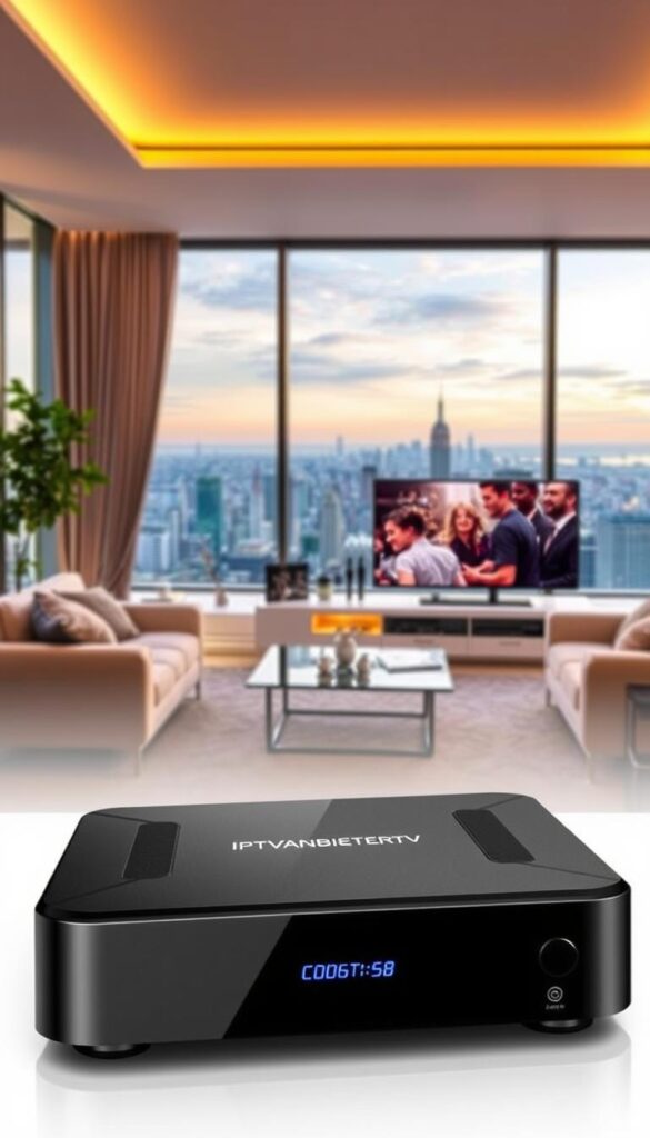 A sleek and modern IPTVANBIETERTV receiver dominates the foreground, its clean lines and metallic finish casting a sophisticated presence. The middle ground features a cozy living room setting, complete with a plush sofa, warm lighting, and a large, high-definition television displaying vibrant content. In the background, a panoramic window offers a glimpse of a bustling city skyline, suggesting the boundless entertainment and connectivity provided by this reliable IPTV service. The overall scene conveys a sense of comfort, convenience, and endless entertainment possibilities, perfectly capturing the essence of "IPTVanbieterTV - Dein zuverlässiger Partner für grenzenlose Unterhaltung."