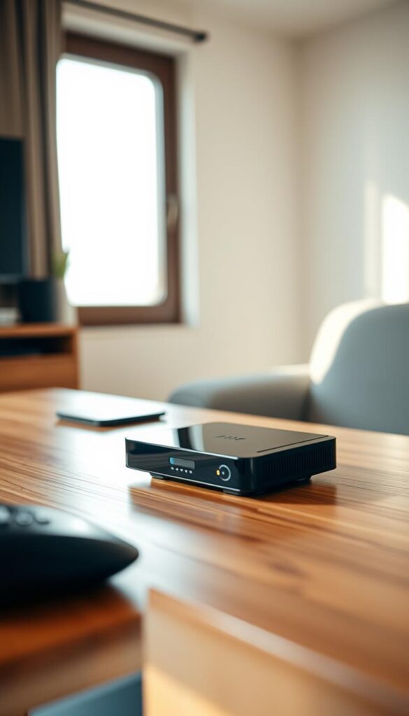 A sleek and modern IPTVANBIETERTV receiver sits on a minimalist wooden desk, its clean lines and glossy black finish catching the soft, diffused light streaming in from a nearby window. The device is positioned prominently, its slim profile and discreet design complementing the clutter-free workspace. The camera angle captures the receiver at a slight angle, highlighting its intuitive button layout and discrete LED indicators. The background is a blurred, warm-toned interior, emphasizing the receiver's place as the focal point of the scene, ready to provide a seamless IPTV experience.