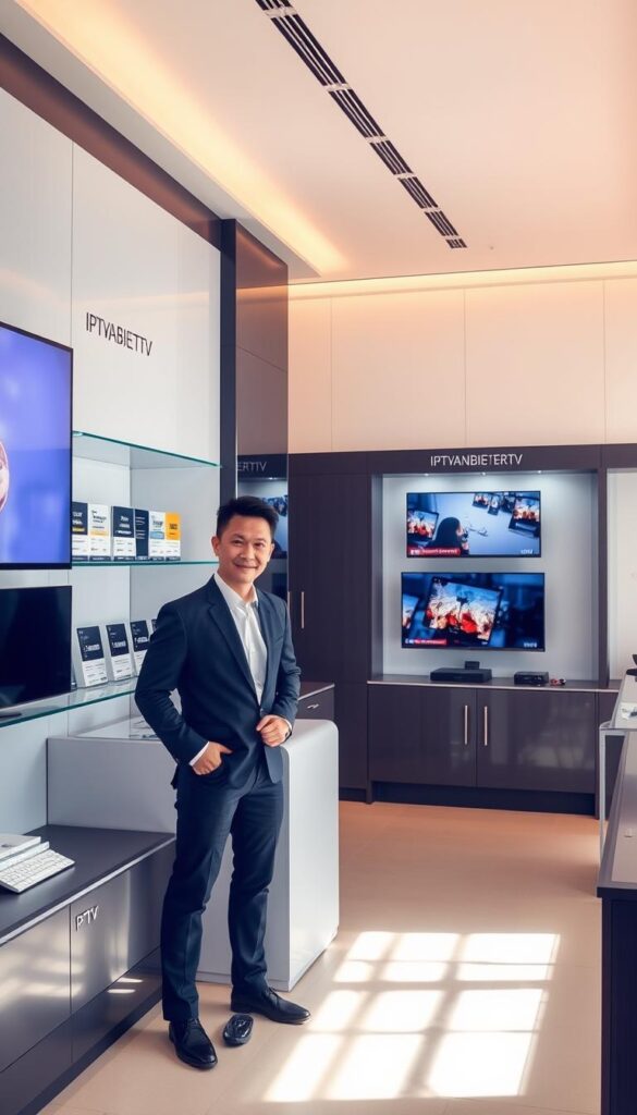 A sleek and modern IPTVANBIETERTV showroom, bathed in soft, natural lighting. Elegant display shelves showcase various IPTV packages and subscriptions, their details presented in a clean, minimalist manner. The space exudes a sense of professionalism and trustworthiness, with a subtle yet sophisticated color palette that reflects the premium nature of the services on offer. In the foreground, a well-dressed sales representative stands ready to guide customers through the attractive pricing models, highlighting the long-term value and flexibility of the IPTV plans. The overall scene conveys a feeling of reliable, high-quality IPTV solutions for the discerning consumer.