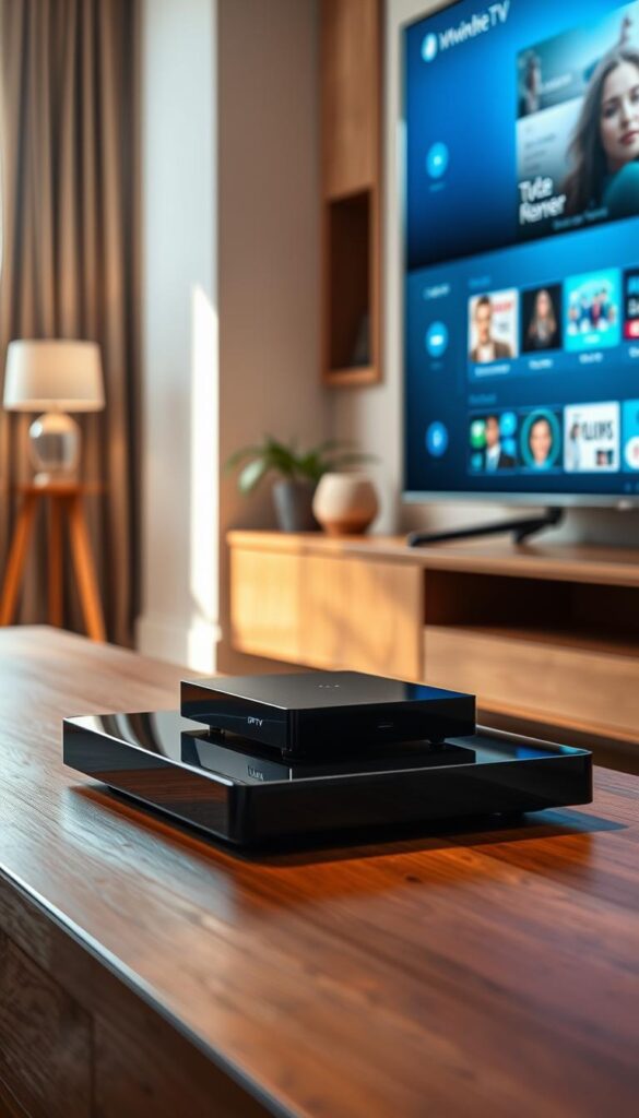 A sleek and modern IPTVANBIETERTV smart player rests on a polished wooden entertainment center, its minimalist design complementing the warm, cozy living room atmosphere. Soft, diffused lighting from a large window illuminates the player's clean lines and glossy black finish, creating an inviting ambiance. The player's interface is displayed on a large, high-definition TV screen, showcasing a user-friendly layout with intuitive controls, vivid imagery, and a seamless integration of IPTV streaming services. The scene radiates a sense of technological sophistication and effortless home entertainment, perfectly capturing the "Smart IPTV Player: The intelligent choice for your home cinema experience" theme.