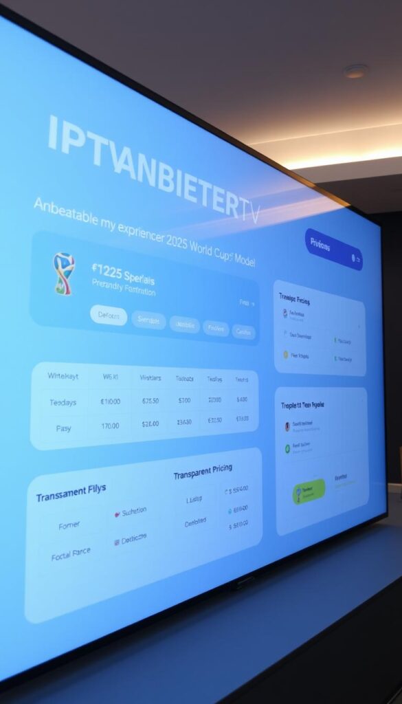 A sleek and modern IPTVANBIETERTV streaming platform interface, showcasing a clean and intuitive design with a focus on transparency and flexibility. The platform is displayed on a large, high-resolution screen, with a minimalist color scheme of blues and grays, creating a sense of professionalism and trustworthiness. The layout features clear pricing information, subscription options, and user-friendly controls, all within a well-organized and visually appealing layout. The image conveys a sense of an unbeatable streaming experience for the 2026 World Cup, with a strong emphasis on the platform's transparent and flexible pricing model.
