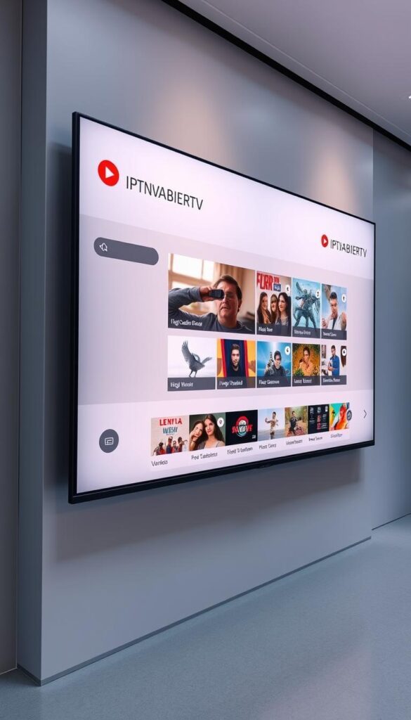 A sleek and modern IPTVANBIETERTV user interface, showcased in a stylized, well-lit digital display. The screen features intuitive navigation menus, high-quality video thumbnails, and a clean, uncluttered layout that promotes easy browsing and content discovery. Subtle gradients, soft shadows, and a neutral color palette create a sense of sophistication and professionalism. The overall impression is one of a seamless, user-friendly experience that caters to the needs of discerning IPTV customers in Germany.