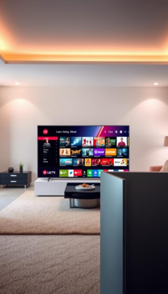 A sleek and modern LG Smart TV stands prominently in the foreground, its minimalist design and vibrant display capturing the attention. In the middle ground, a dynamic IPTV interface showcases a wide range of content, from live TV channels to on-demand movies and shows. The background is a warm, cozy living room setting, complete with plush furnishings and subtle lighting that enhances the overall ambiance. The image conveys the seamless integration of LG Smart TVs with IPTVANBIETERTV, highlighting their suitability for delivering a premium IPTV experience in the comfort of one's home. A sleek and modern LG Smart TV stands prominently in the foreground, its minimalist design and vibrant display capturing the attention. In the middle ground, a dynamic IPTV interface showcases a wide range of content, from live TV channels to on-demand movies and shows. The background is a warm, cozy living room setting, complete with plush furnishings and subtle lighting that enhances the overall ambiance. The image conveys the seamless integration of LG Smart TVs with IPTVANBIETERTV, highlighting their suitability for delivering a premium IPTV experience in the comfort of one's home.