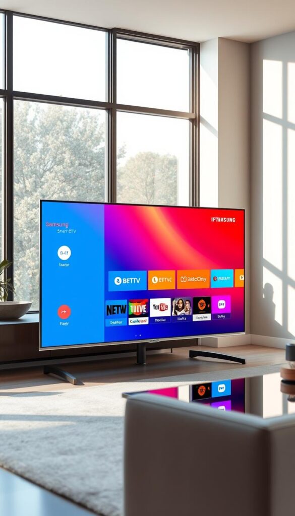 A sleek and modern Samsung Smart TV stands prominently in a minimalist living room, its screen displaying the vibrant IPTVANBIETERTV interface. Soft, natural lighting filters through large windows, casting a warm glow on the room's clean lines and neutral tones. The TV's slim profile and seamless integration with the surrounding decor showcase the convenience and elegance of IPTV on a Samsung Smart TV. The scene conveys the effortless enjoyment of a wide range of content, from live TV to on-demand streaming, all accessible through the intuitive IPTVANBIETERTV platform.