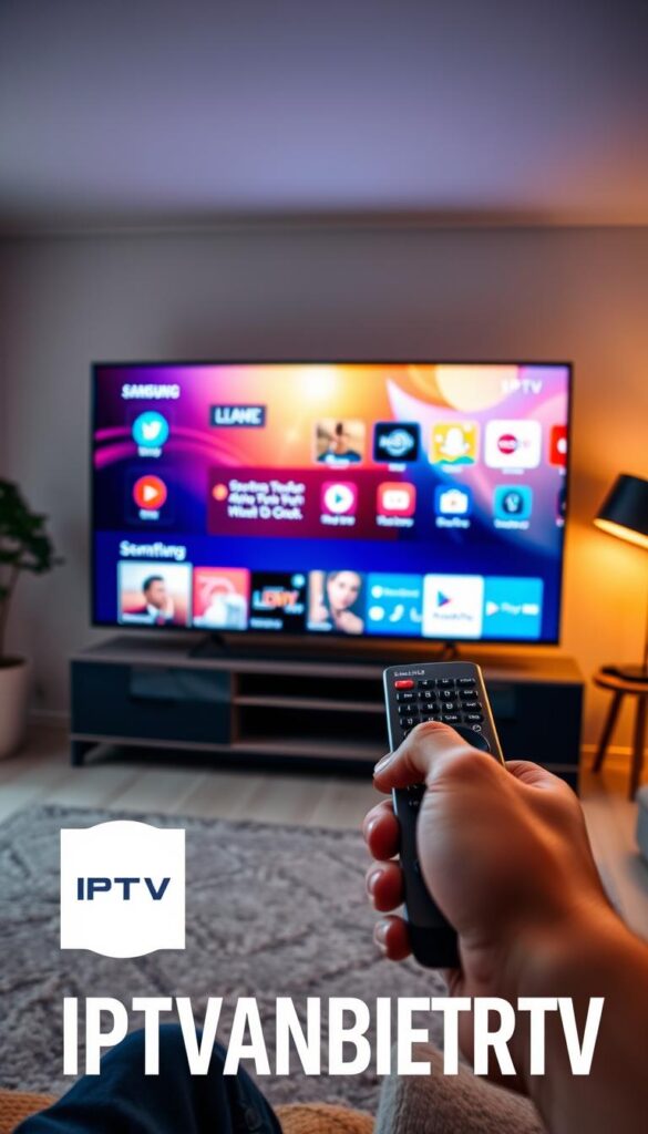 A sleek and modern Samsung Smart TV stands prominently, its screen displaying a vibrant, high-definition IPTV interface. The living room setting is filled with warm, natural lighting, creating a cozy and inviting atmosphere. In the foreground, a hand holding a Samsung remote control, navigating through the intuitive IPTV menu displayed on the TV. The background features a minimalist, Scandinavian-inspired decor, with clean lines and neutral tones. The IPTVANBIETERTV logo is subtly integrated into the scene, showcasing the seamless integration of IPTV technology with the Samsung Smart TV.