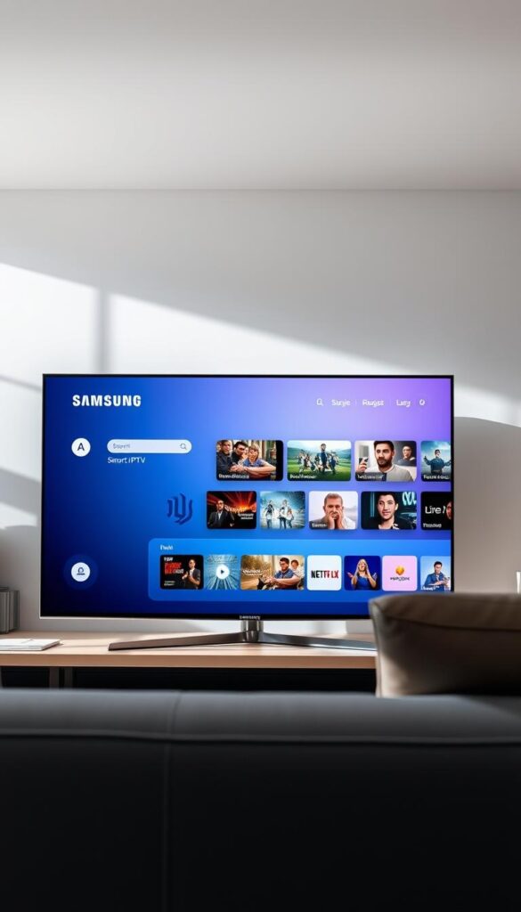 A sleek and modern Samsung Smart TV with the IPTVANBIETERTV interface prominently displayed on the screen. The TV is set against a minimalist, light-filled living room backdrop, with clean lines and subtle hints of contemporary design. The user interface showcases a seamless, intuitive navigation experience, with high-quality video thumbnails and clear, easy-to-read text. The overall scene conveys a sense of technological sophistication and the convenience of accessing a wide range of IPTV content directly on the Samsung Smart TV. A sleek and modern Samsung Smart TV with the IPTVANBIETERTV interface prominently displayed on the screen. The TV is set against a minimalist, light-filled living room backdrop, with clean lines and subtle hints of contemporary design. The user interface showcases a seamless, intuitive navigation experience, with high-quality video thumbnails and clear, easy-to-read text. The overall scene conveys a sense of technological sophistication and the convenience of accessing a wide range of IPTV content directly on the Samsung Smart TV.