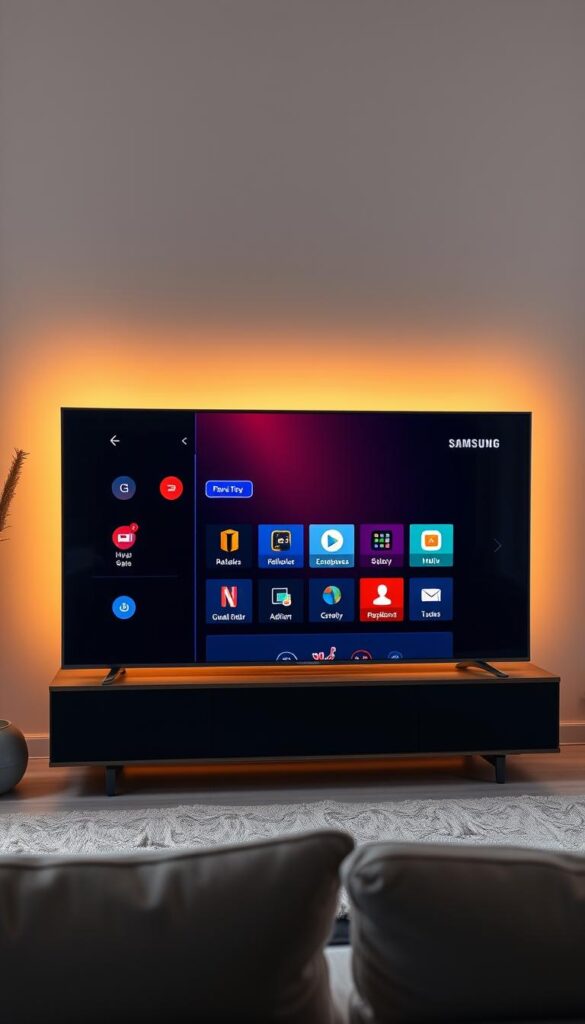 A sleek and modern Samsung smart TV display, showcasing the intuitive IPTVANBIETERTV app interface. The screen is illuminated by warm, soft lighting, casting a cozy glow. The app's icons and menus are crisp and well-organized, reflecting the device's high-resolution panel. The TV is positioned in a stylish living room setting, with minimalist decor and large windows allowing natural light to filter in. The overall atmosphere is one of seamless technology integration and user-friendly functionality, highlighting the IPTVANBIETERTV app's capabilities on the Samsung platform.
