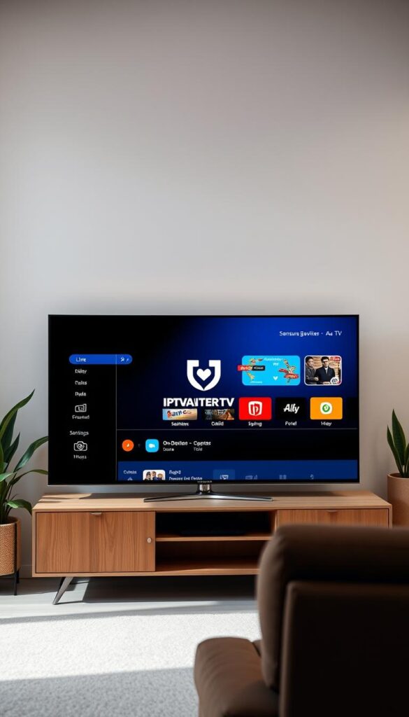 A sleek and modern Samsung television screen, showcasing the IPTVANBIETERTV app's user interface. The app's logo is prominently displayed, with a clean and intuitive layout featuring live TV channels, on-demand content, and customizable settings. The screen is well-lit, with a soft, diffused lighting that creates a warm and inviting atmosphere. The television is positioned in a minimalist, contemporary living room setting, with subtle hints of natural elements in the background, such as potted plants or a wooden accent wall. The overall composition conveys a sense of sophistication and technological integration, highlighting the seamless IPTV experience on the Samsung platform.