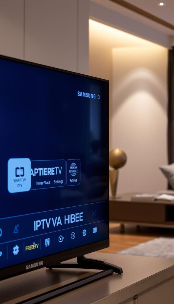 A sleek and modern Samsung television set, its screen illuminated with a crisp, high-definition display. In the foreground, a clean and intuitive interface showcases the IPTVANBIETERTV logo, seamlessly integrated into the television's user experience. The middle ground features various media playback controls and settings, allowing for seamless navigation and customization of the IPTV experience. The background showcases a minimalist and elegant living room setting, with subtle lighting and a contemporary decor that complements the television's sophisticated design. The overall scene conveys a sense of technological integration, ease of use, and a premium home entertainment experience. A sleek and modern Samsung television set, its screen illuminated with a crisp, high-definition display. In the foreground, a clean and intuitive interface showcases the IPTVANBIETERTV logo, seamlessly integrated into the television's user experience. The middle ground features various media playback controls and settings, allowing for seamless navigation and customization of the IPTV experience. The background showcases a minimalist and elegant living room setting, with subtle lighting and a contemporary decor that complements the television's sophisticated design. The overall scene conveys a sense of technological integration, ease of use, and a premium home entertainment experience.