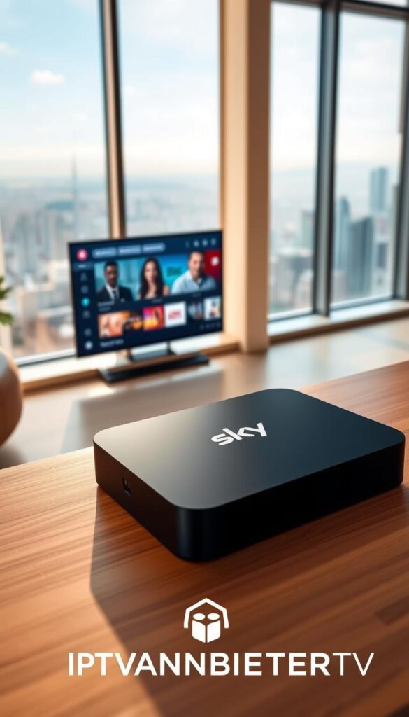 A sleek and modern Sky IPTV Box rests on a minimalist wooden surface, its smooth matte black exterior catching the soft, diffused light from a large window overlooking a panoramic cityscape. The box's interface is displayed on a high-resolution screen, showcasing a well-organized program selection with vibrant icons and intuitive navigation. The room is bathed in a warm, inviting ambiance, creating an atmosphere of comfort and entertainment. The IPTVANBIETERTV logo is subtly integrated into the scene, complementing the overall design. A sense of technological sophistication and user-friendly functionality permeates the image.